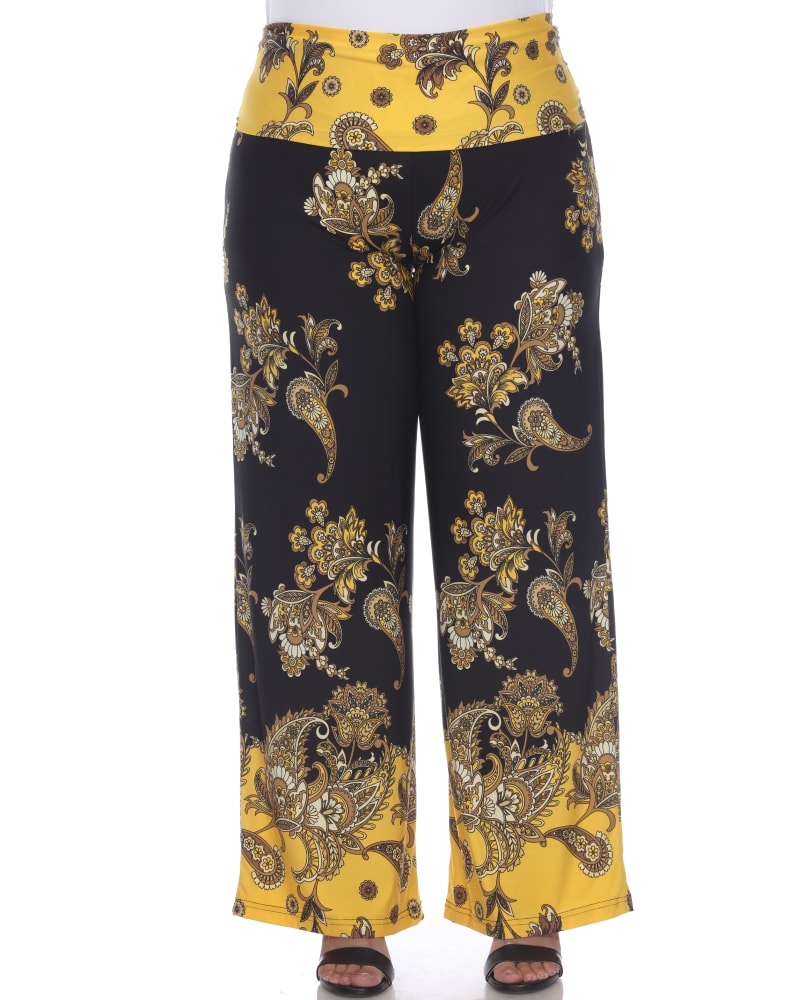 Front of a model wearing a size 3X Floral Paisley Printed Palazzo Pants in Black/Gold by White Mark. | dia_product_style_image_id:247915
